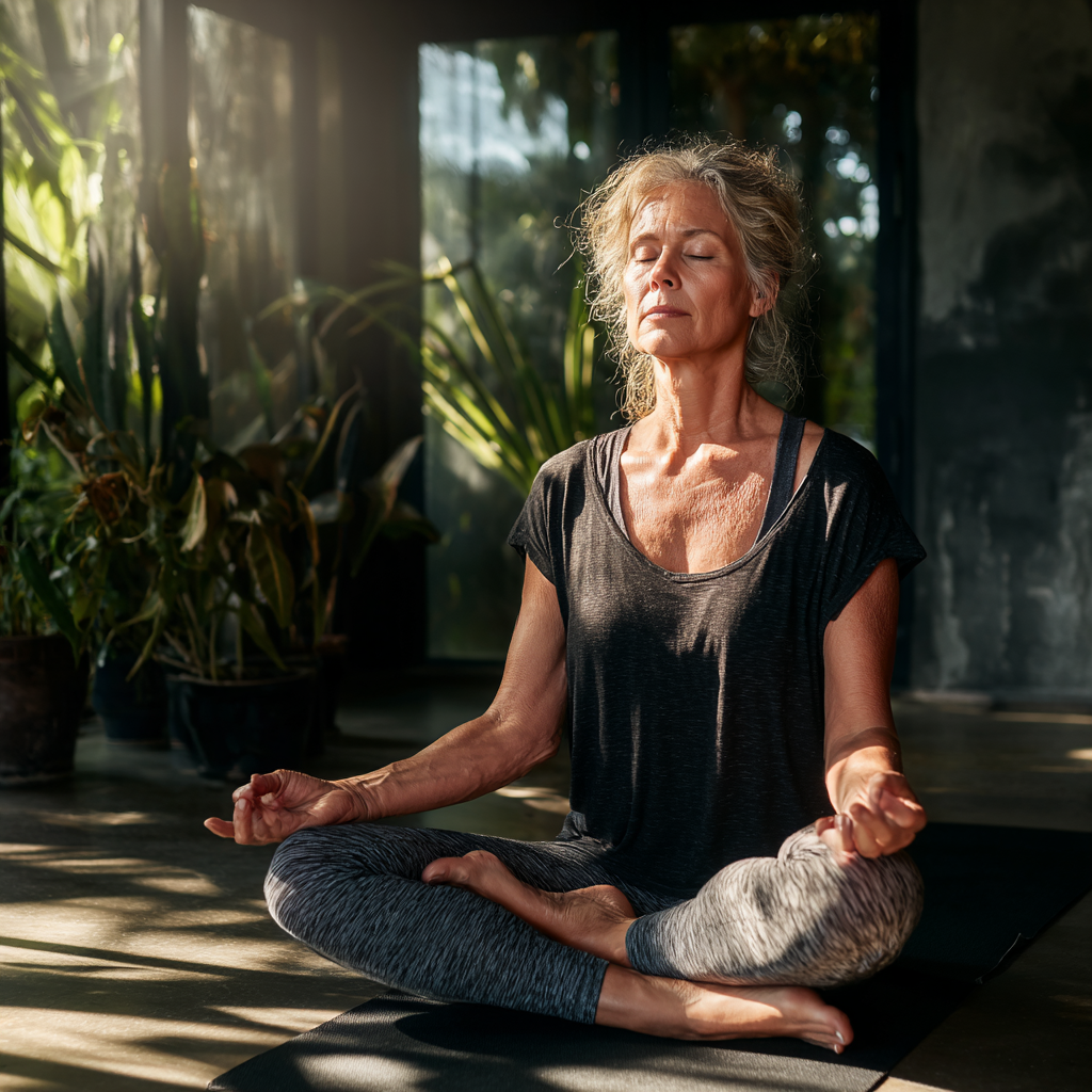 Mature woman practicing peaceful yoga meditation in serene studio environment